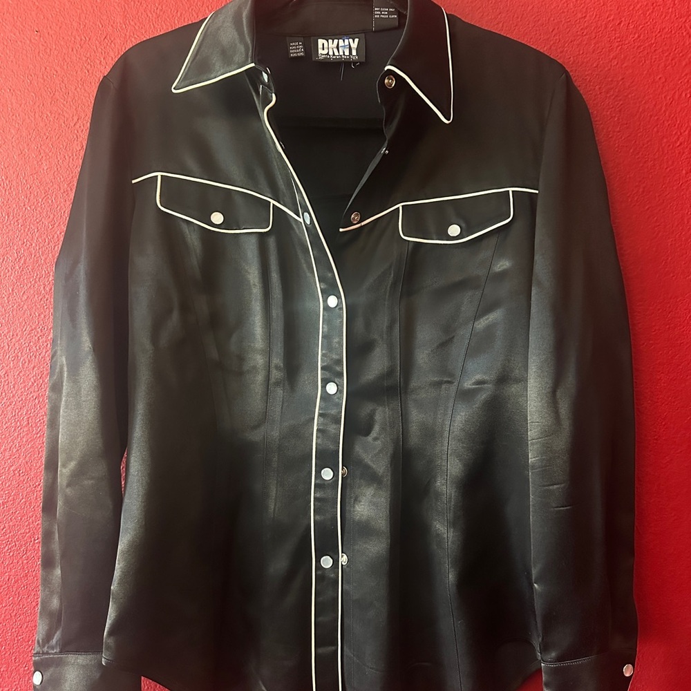 DKNY Black Satin Shirt with White Trim